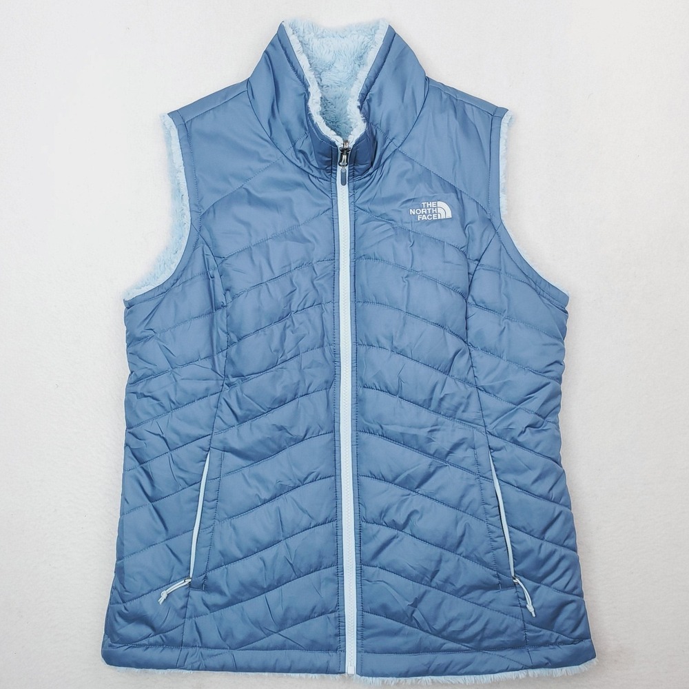 North Face Vest Womens Medium Blue Mossbud Swirl Reversible Fleece Quilted